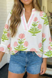 LAS Wild Flower Print V Neck 3/4 Sleeve Blouse (S-XL)
