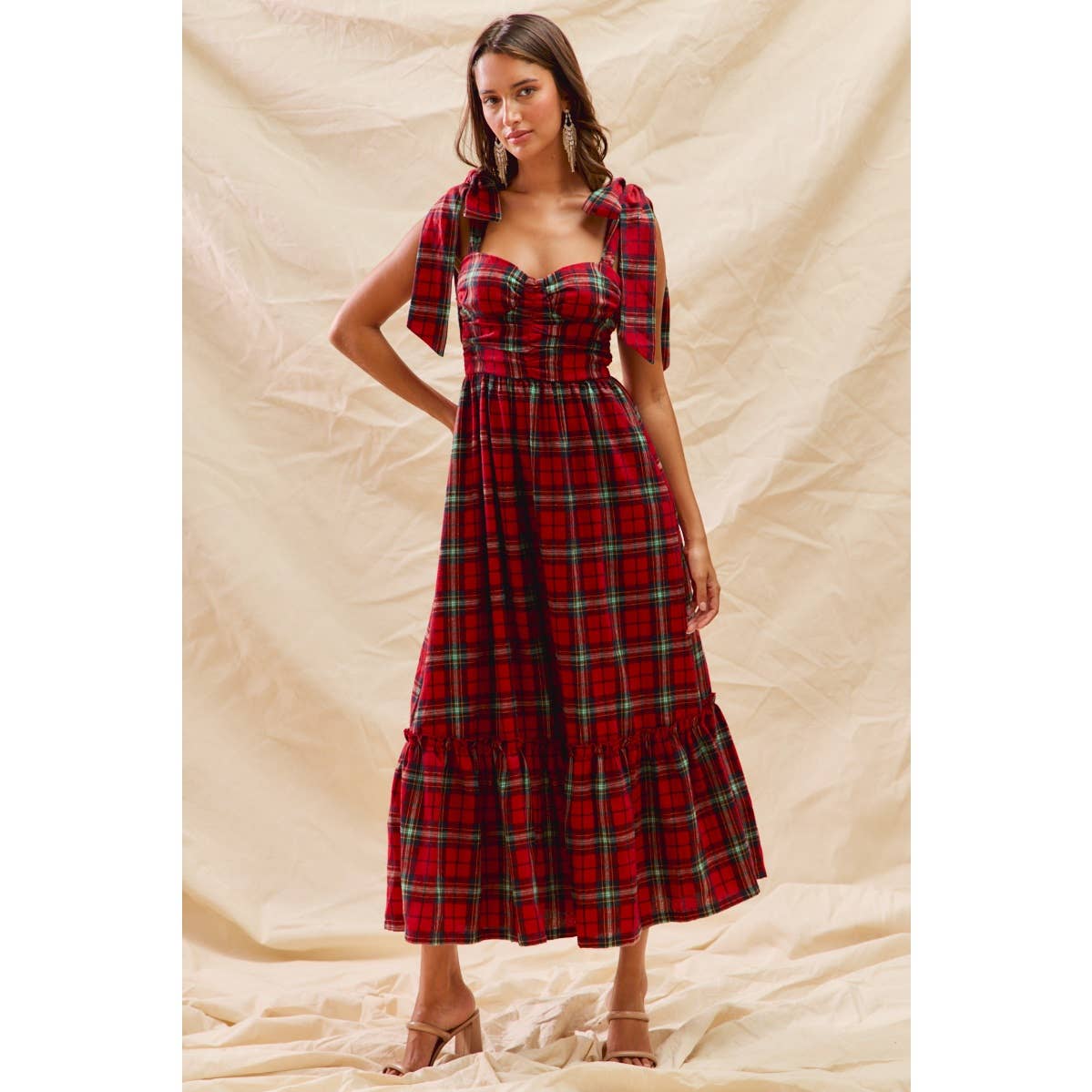 CHRISTMAS CHECK PLAID WOVEN HOLIDAY MIDI DRESS
