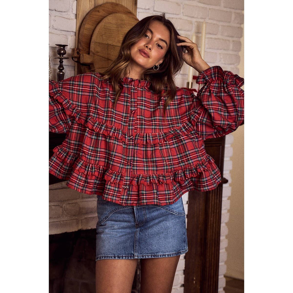 CHECKERED PLAID CHRISTMAS HOLIDAY BOHO TOP