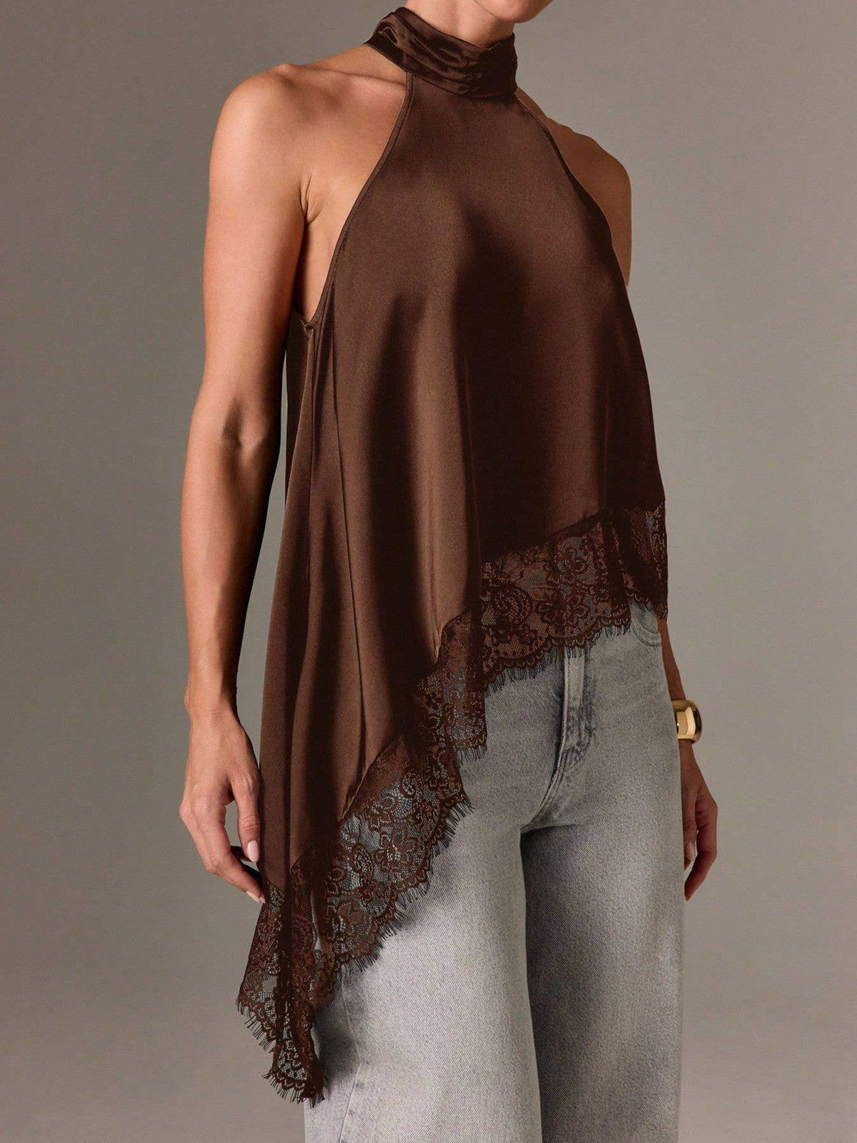 Lace Trim Satin Halter Top