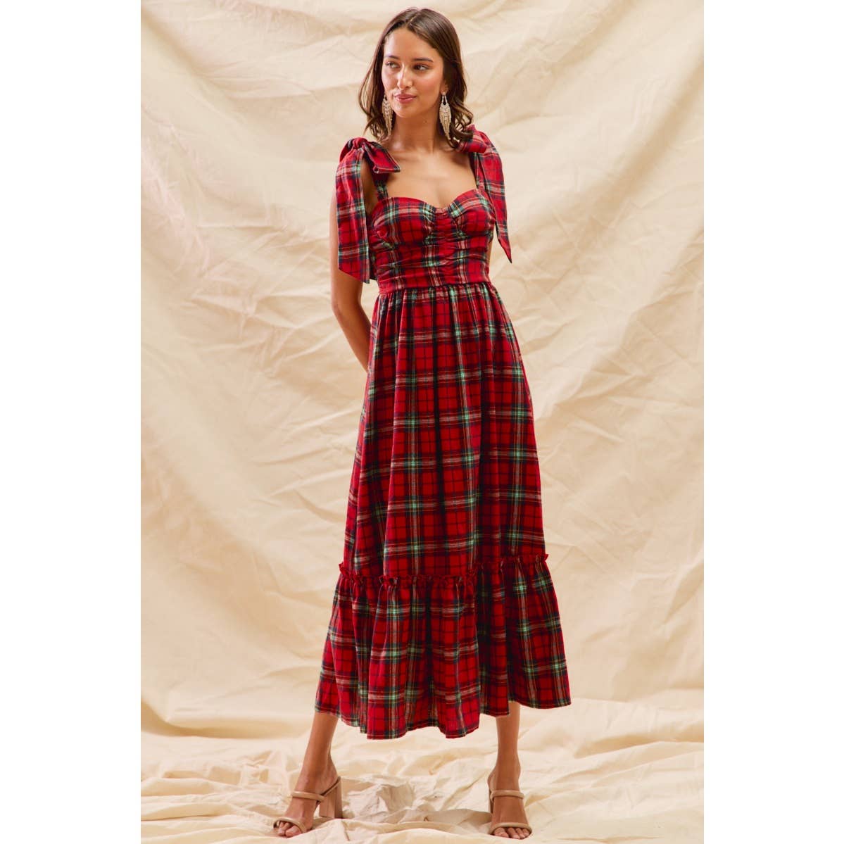 CHRISTMAS CHECK PLAID WOVEN HOLIDAY MIDI DRESS