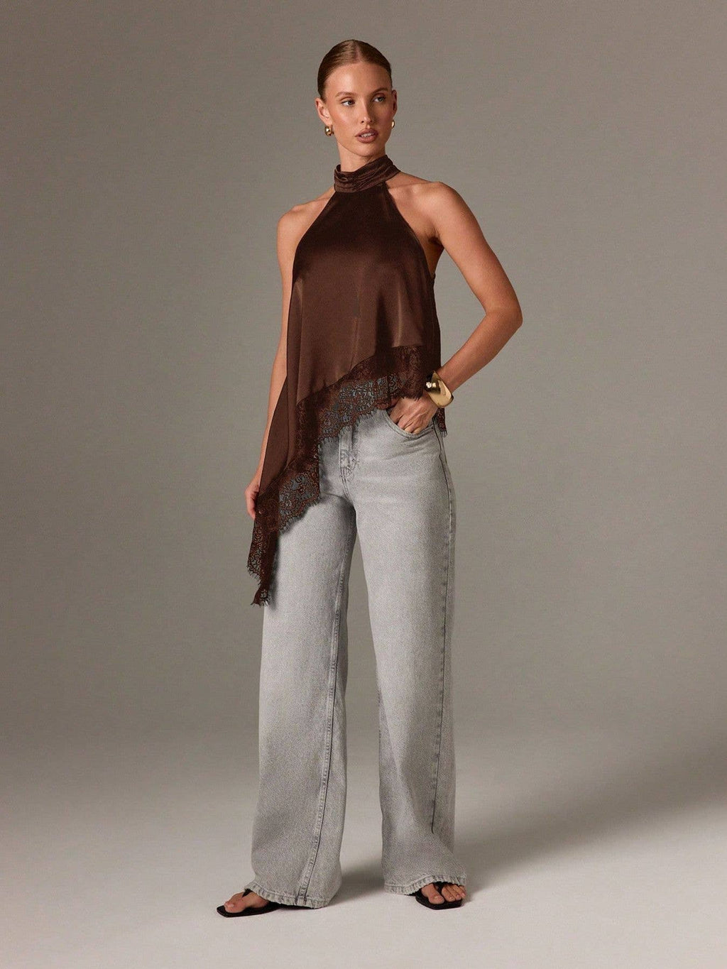 Lace Trim Satin Halter Top