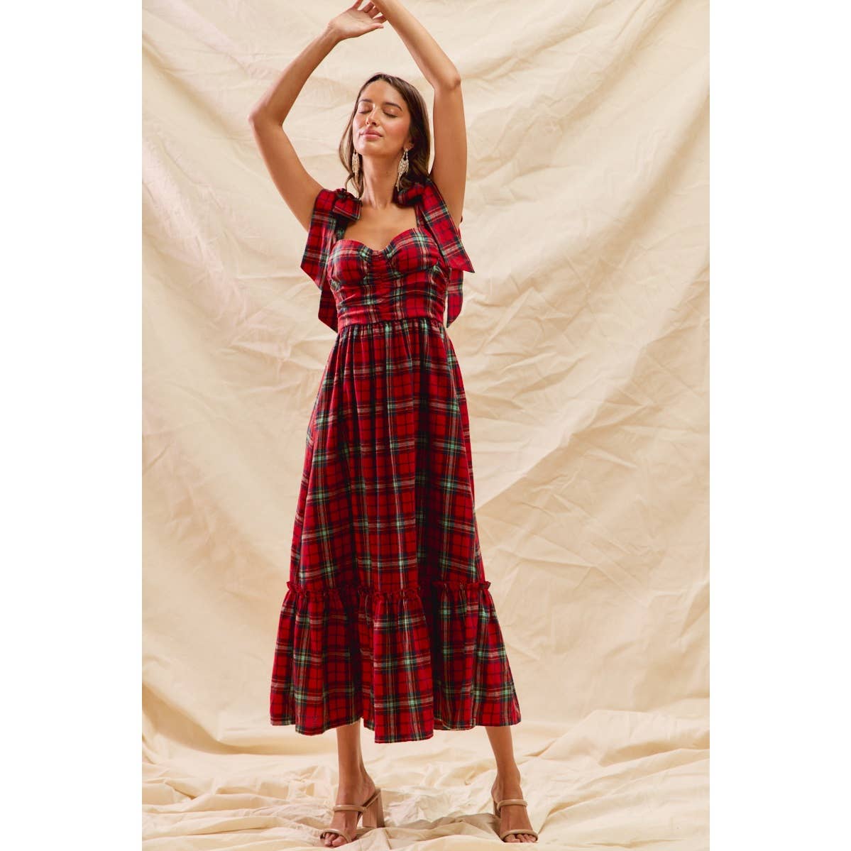 CHRISTMAS CHECK PLAID WOVEN HOLIDAY MIDI DRESS