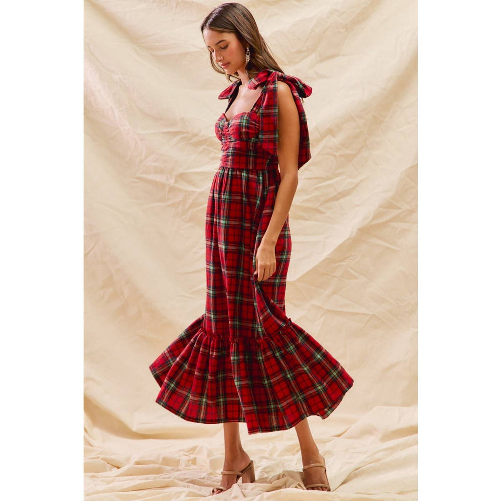 CHRISTMAS CHECK PLAID WOVEN HOLIDAY MIDI DRESS