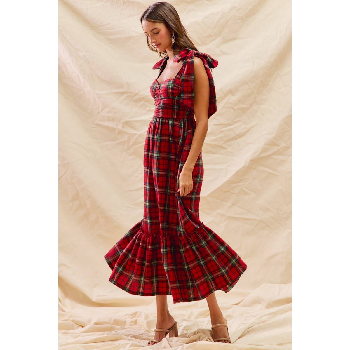 CHRISTMAS CHECK PLAID WOVEN HOLIDAY MIDI DRESS