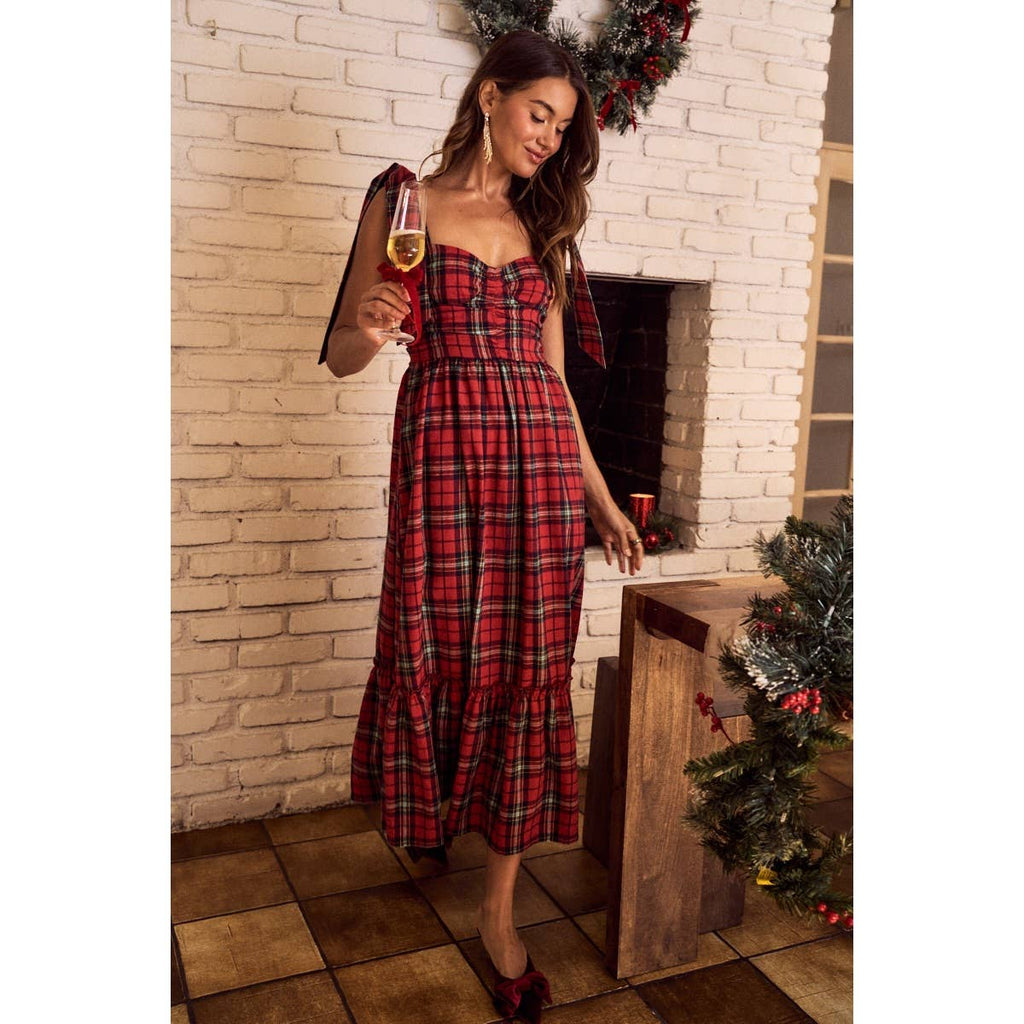 CHRISTMAS CHECK PLAID WOVEN HOLIDAY MIDI DRESS
