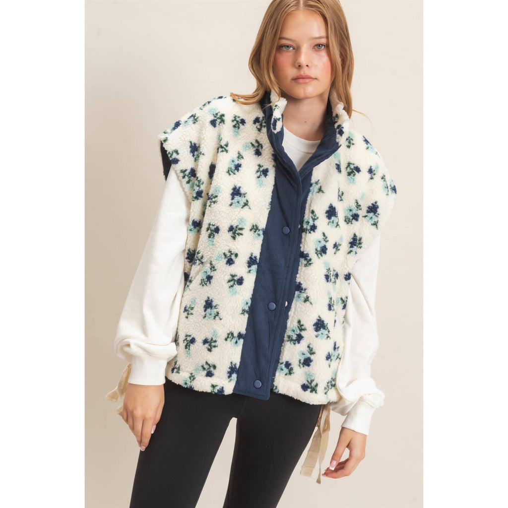 Floral Sherpa Vest With Corduroy