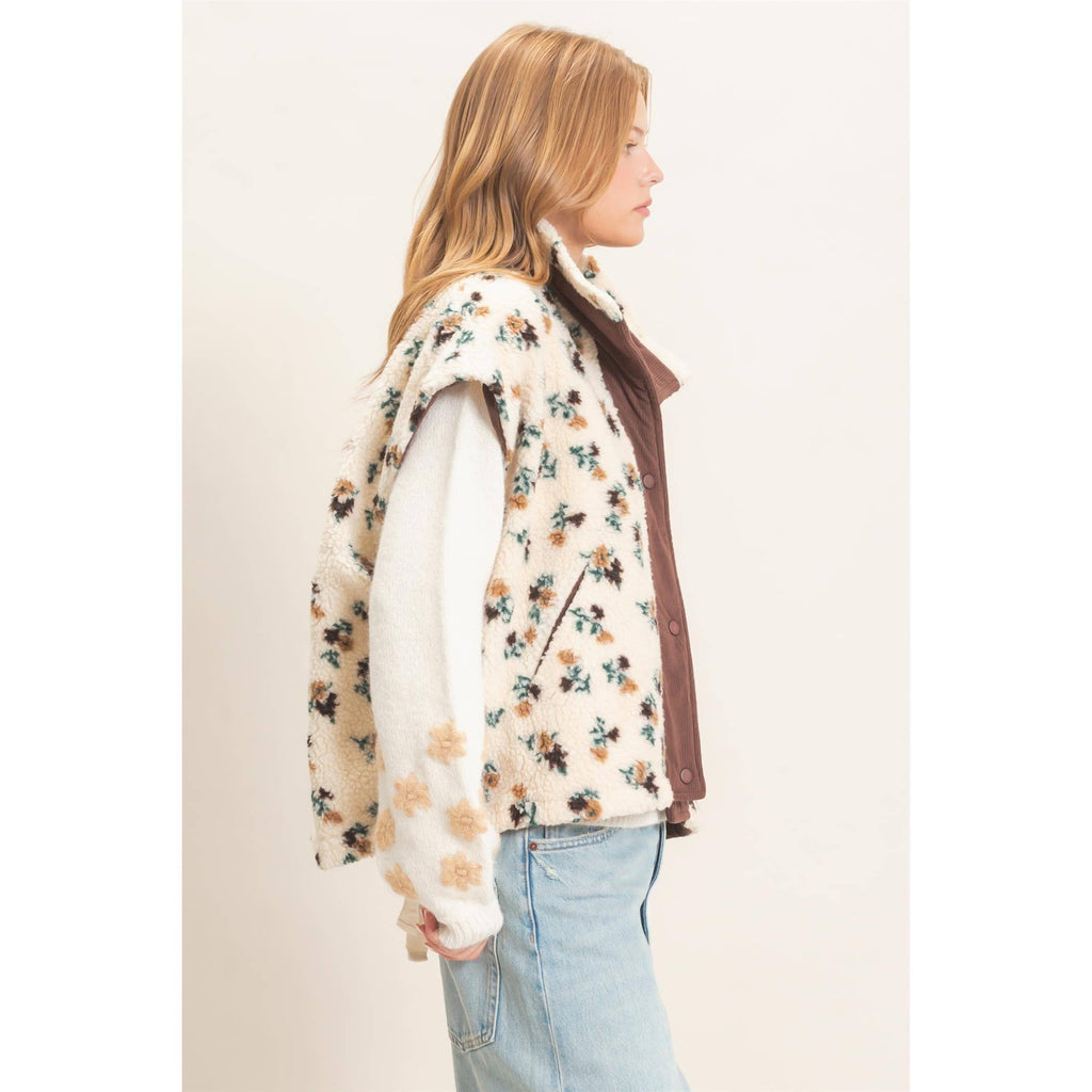 Floral Sherpa Vest With Corduroy