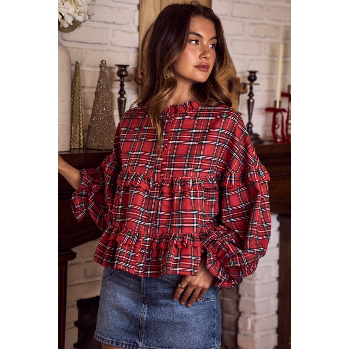 CHECKERED PLAID CHRISTMAS HOLIDAY BOHO TOP