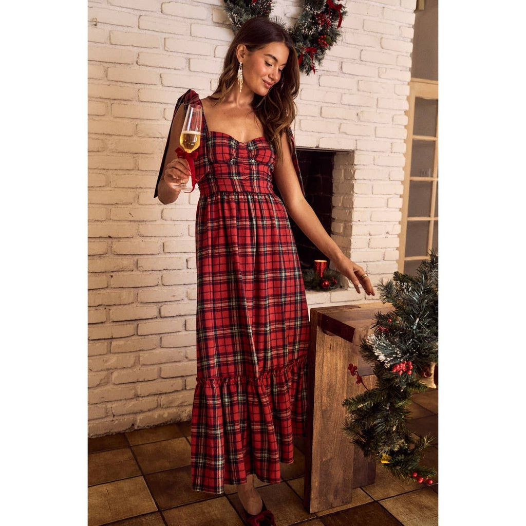 CHRISTMAS CHECK PLAID WOVEN HOLIDAY MIDI DRESS