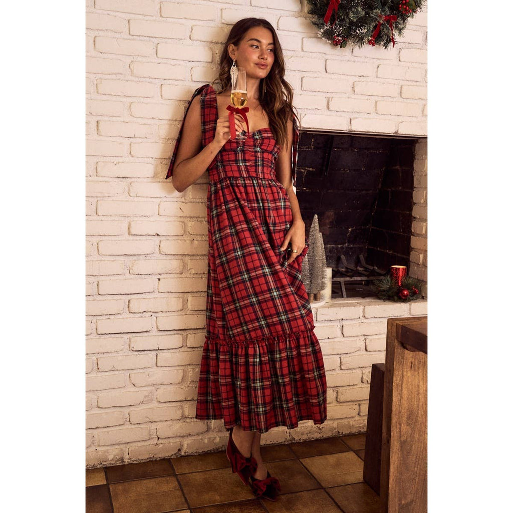 CHRISTMAS CHECK PLAID WOVEN HOLIDAY MIDI DRESS