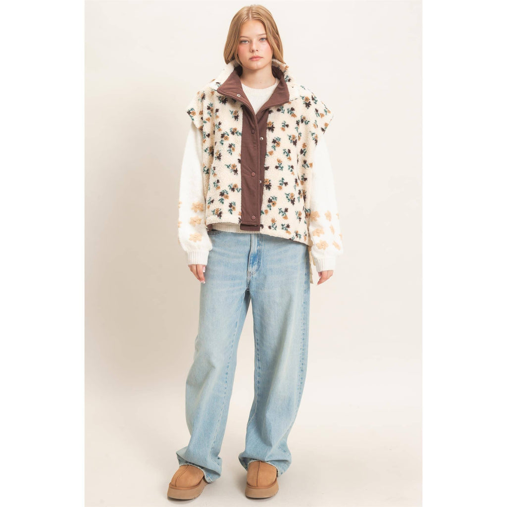 Floral Sherpa Vest With Corduroy