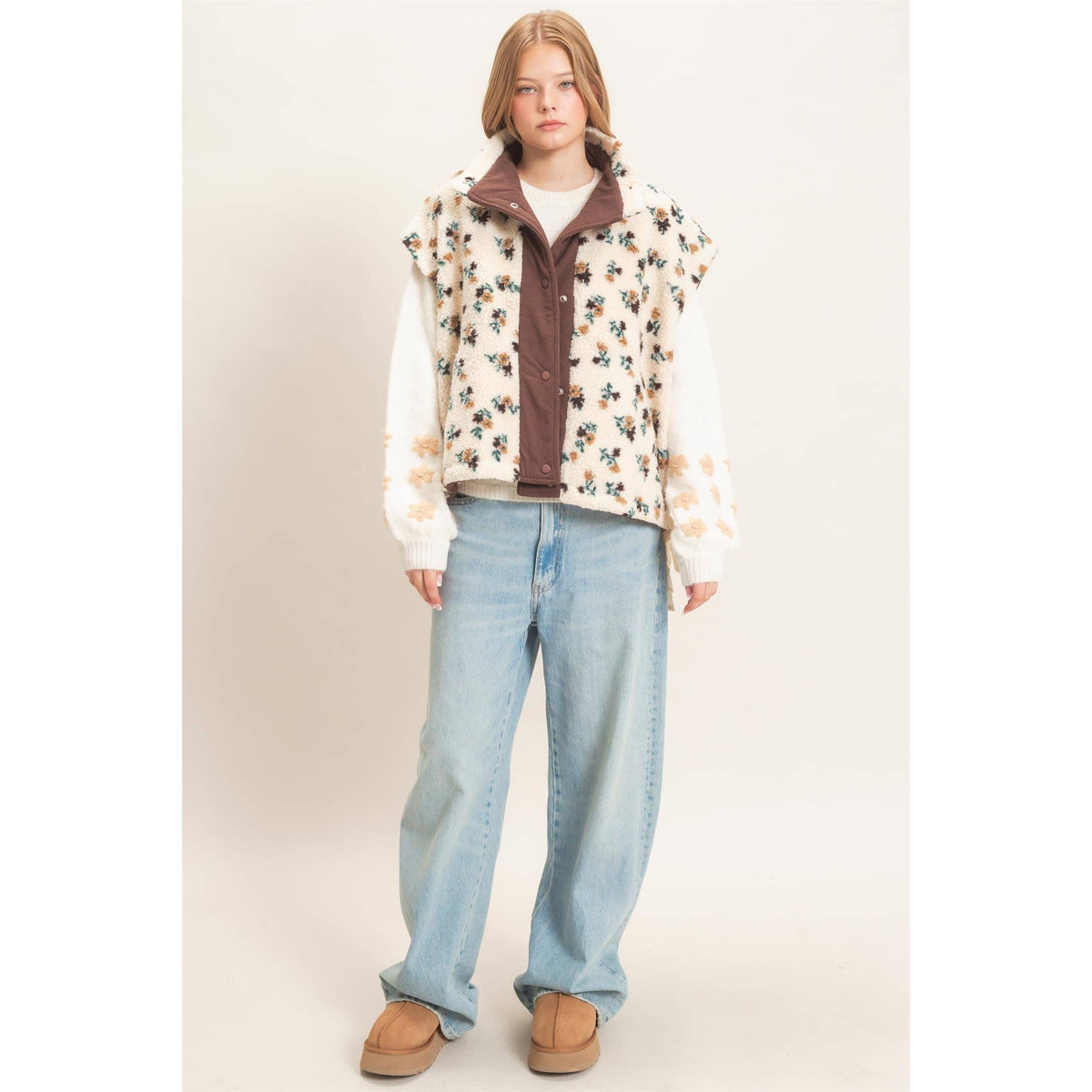 Floral Sherpa Vest With Corduroy