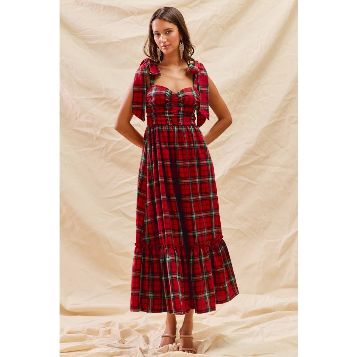 CHRISTMAS CHECK PLAID WOVEN HOLIDAY MIDI DRESS
