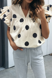 LAS Polka Dot Print V Neck Ruffle Sleeve Blouse (S-XL)