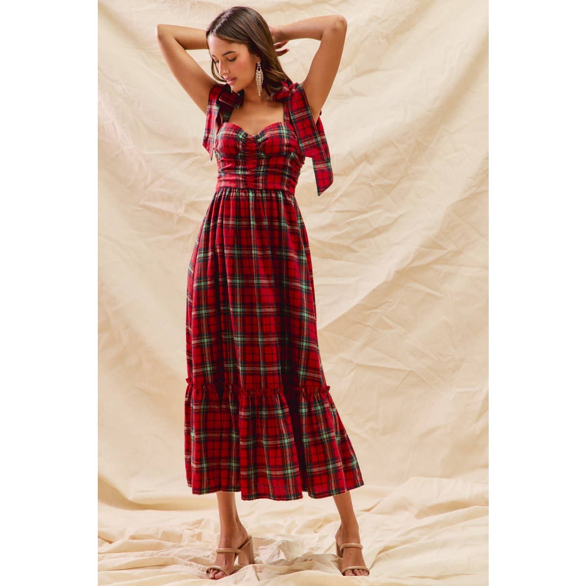 CHRISTMAS CHECK PLAID WOVEN HOLIDAY MIDI DRESS