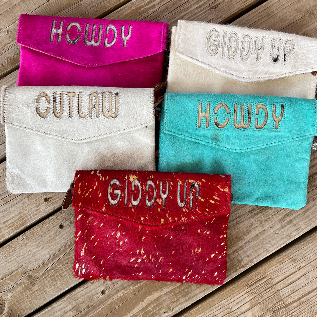 Lettered Cowhide Clutch