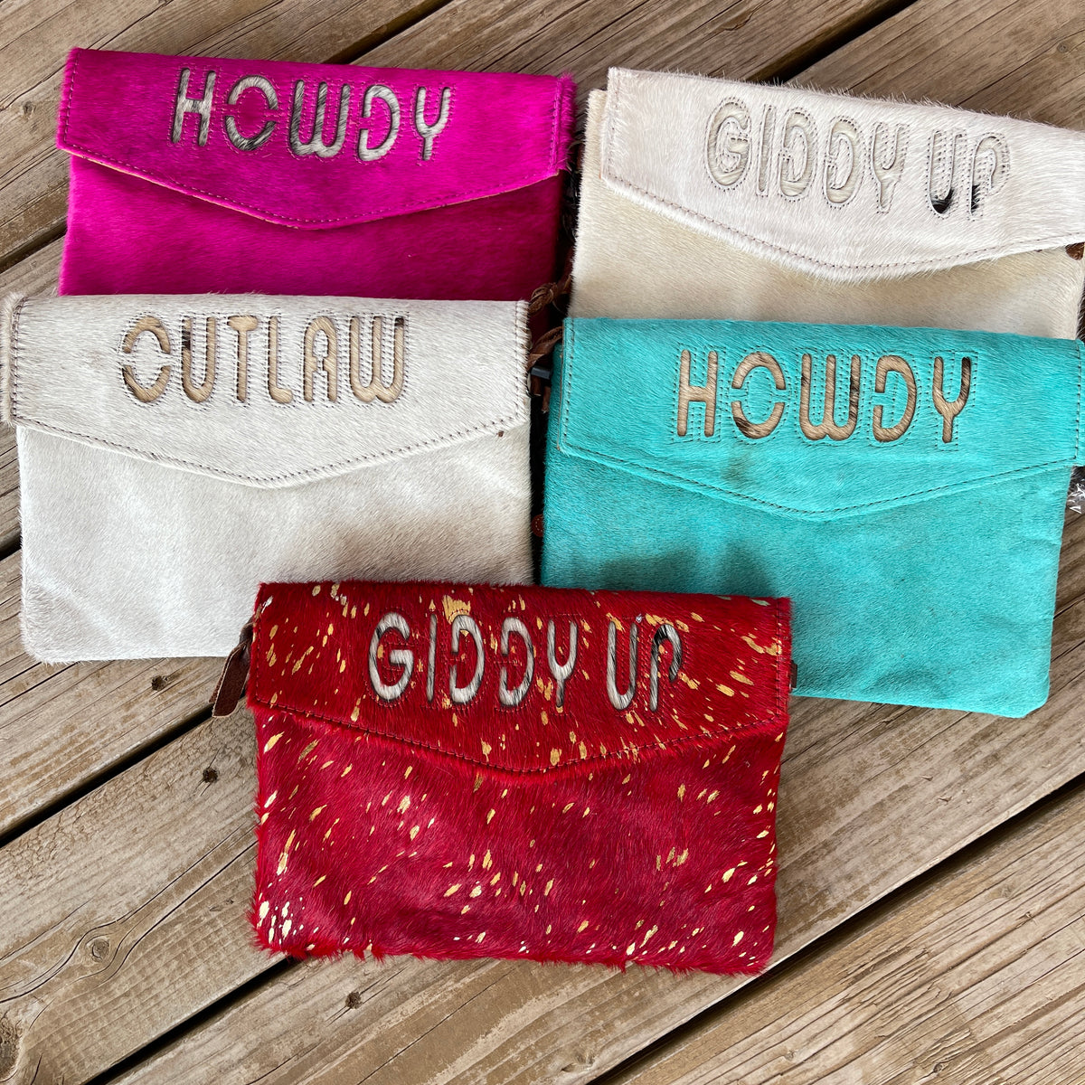 Lettered Cowhide Clutch